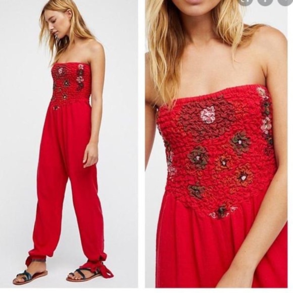Free People Red Rouge Karan Embroidered Jumpsuit (MED)